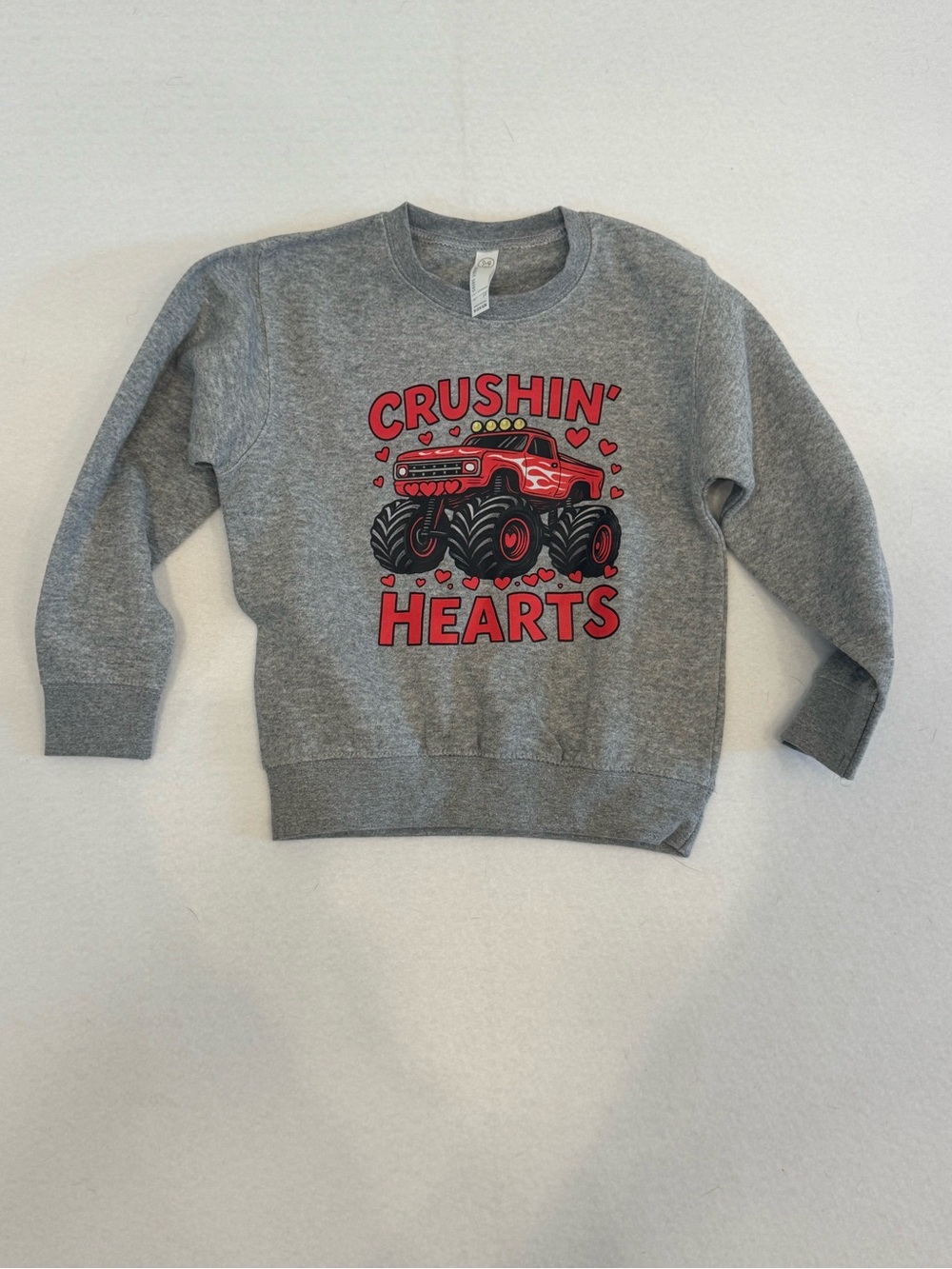 Crushin' Hearts Grey Kids Sweatshirt with Red Monster Truck Graphic